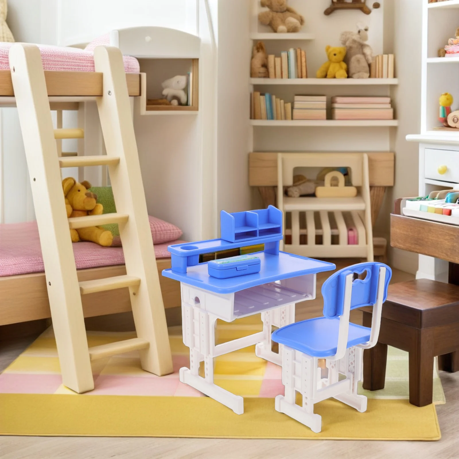 1Set Miniature School Desk Chair Set for Photography Props and Detailed Dollhouse Classroom Decor