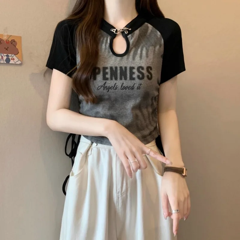 

Femme Summer Korean Sexy Printing Letter Color Blocking O-neck Short Sleeve Women Clothes Fashionable Hollow Out Cotton Cardigan