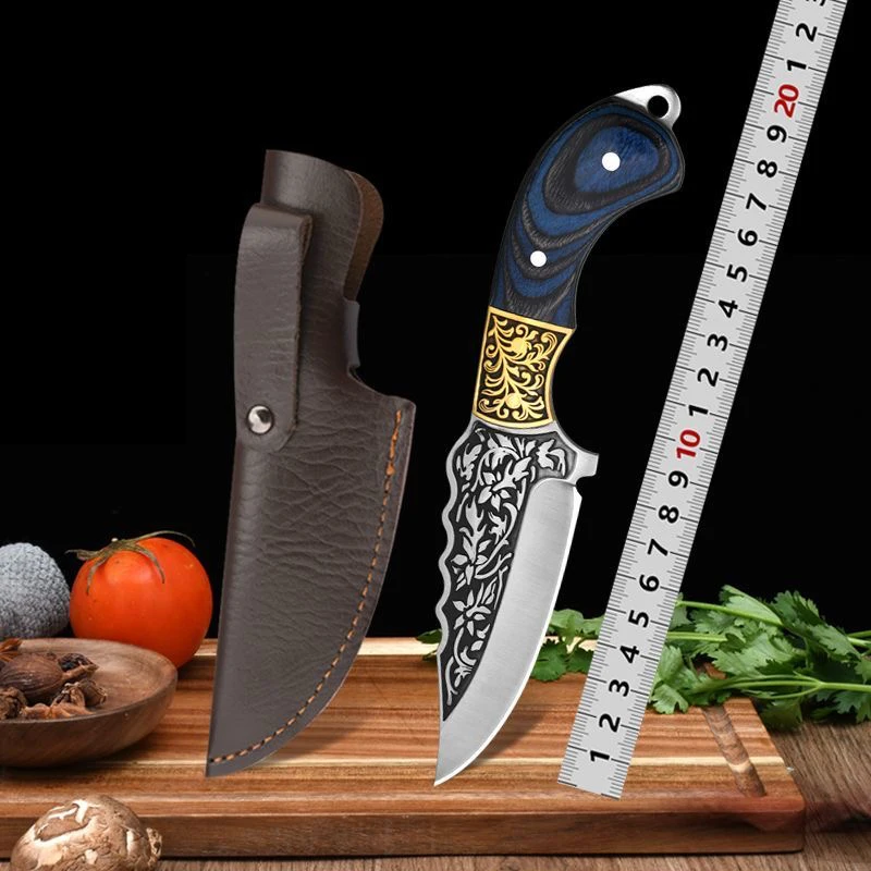 1PC straight knife, copper head with carved high carbon stainless steel kitchen knife, camping outdoor portable camping