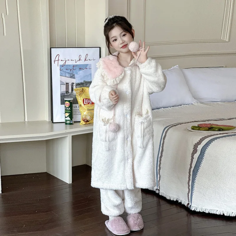 

Girls Pajamas Autumn and Winter 2025 New Girls Winter Loungewear Set Girls Warm Velvet Nightgown