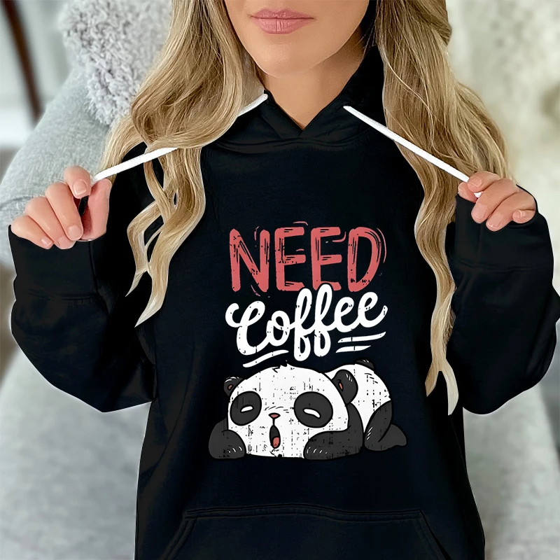 

Women's Hoodie Need Coffee Panda Print Pullover Cartoon Animal Long Sleeve Hoody Harajuku Fashion Panda Casual Female Clothes