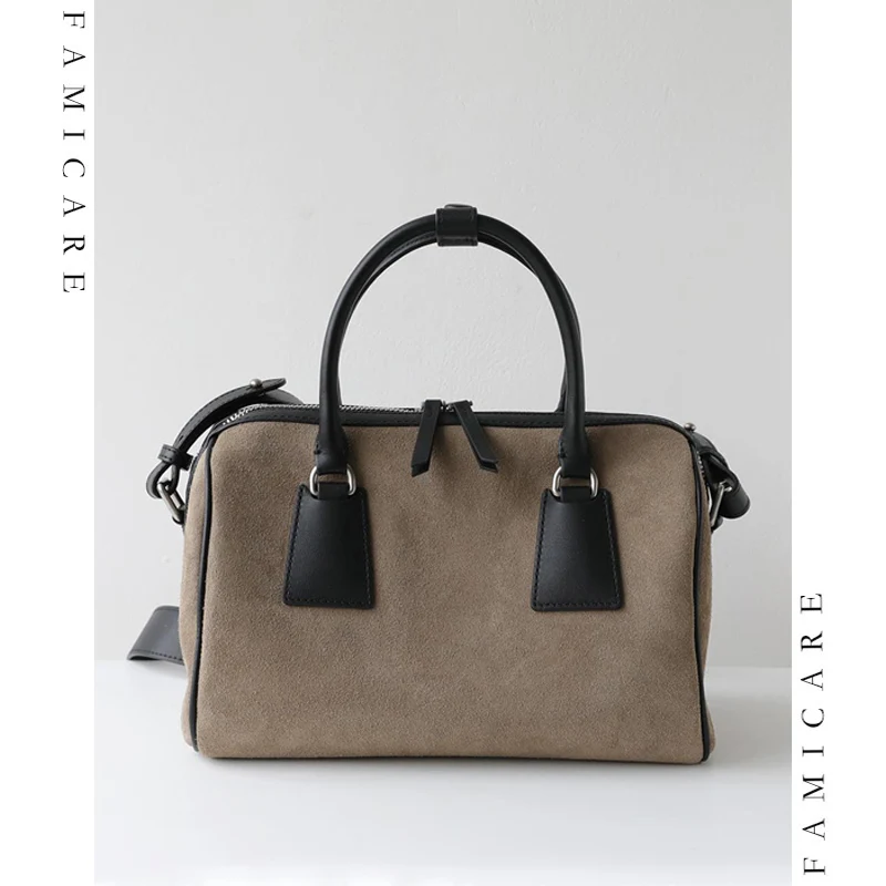 Lady Suede Genuine Leather Shoulder Bag Large Capacity Boston Handbags for Women Versatile Color Blocking Pillow Crossbody Bag
