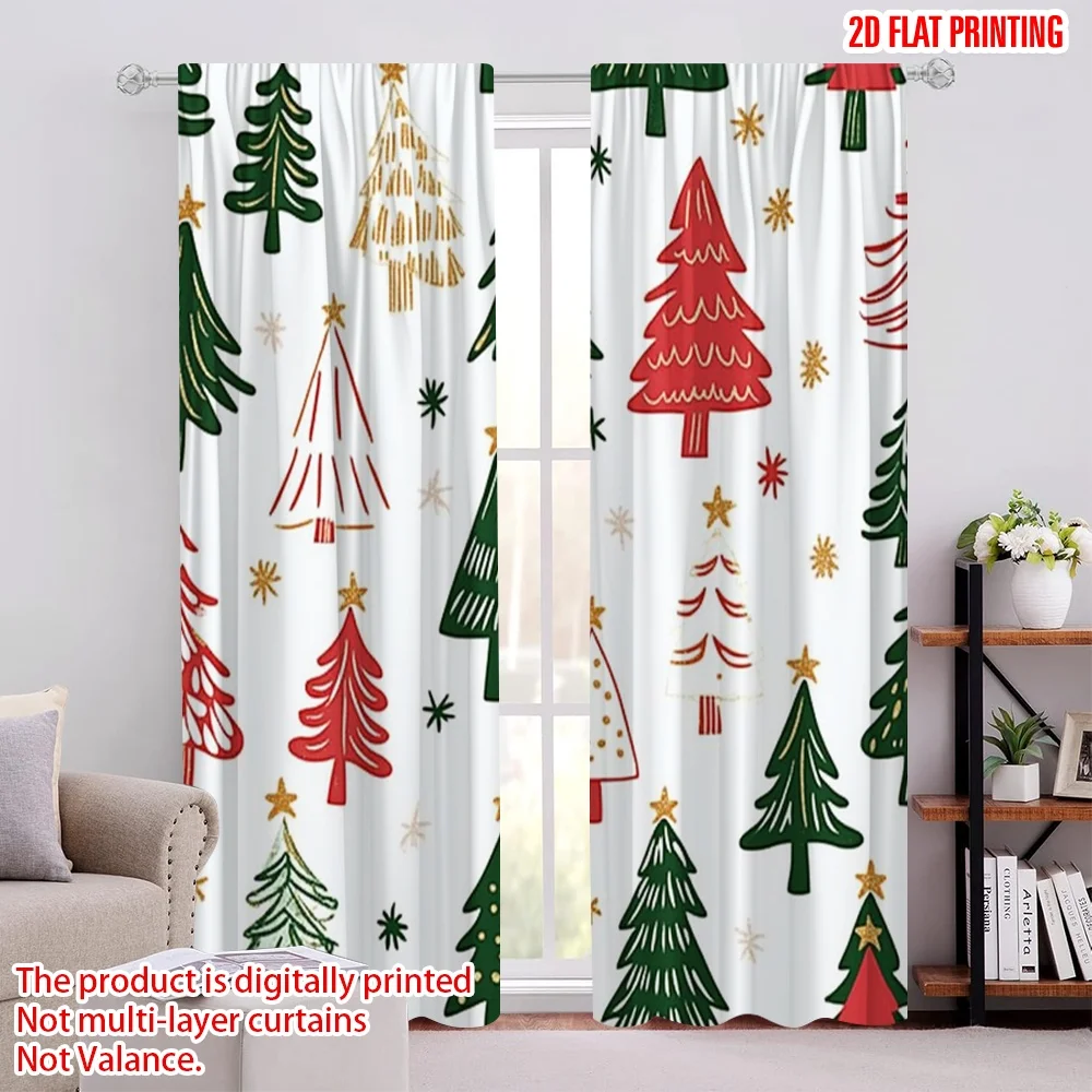 

2pcs 2D flat printing Christmas Window Drapes christmas trees 1 100% Polyester Without Electricity Party & Holiday Decor Use for