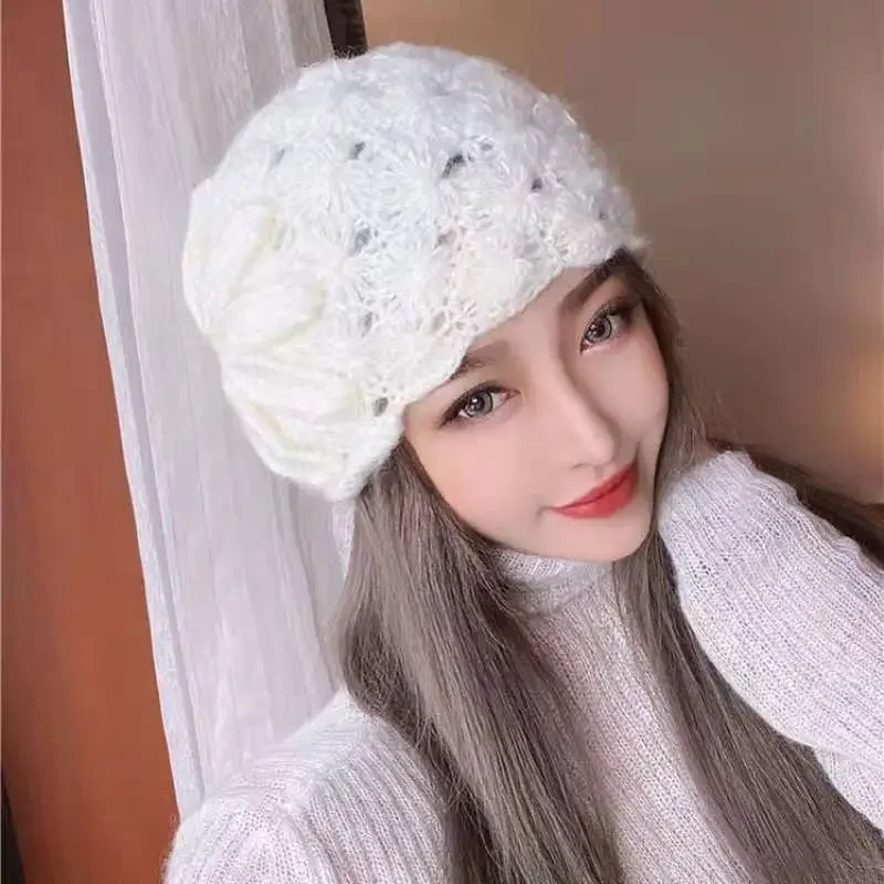 Women Hat Autumn Winter Korean Version Tide Retro Elegant Three-dimensional Big Flower Mohair Hollow Knitted Warm Wool Cap