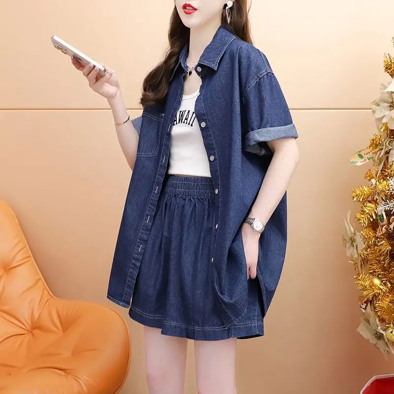 Denim Shirt Short Sleeved Denim Suit for Women\'s Summer 2024 New Internet Celebrity Popular Street Wide Leg Shorts Two-piece Set