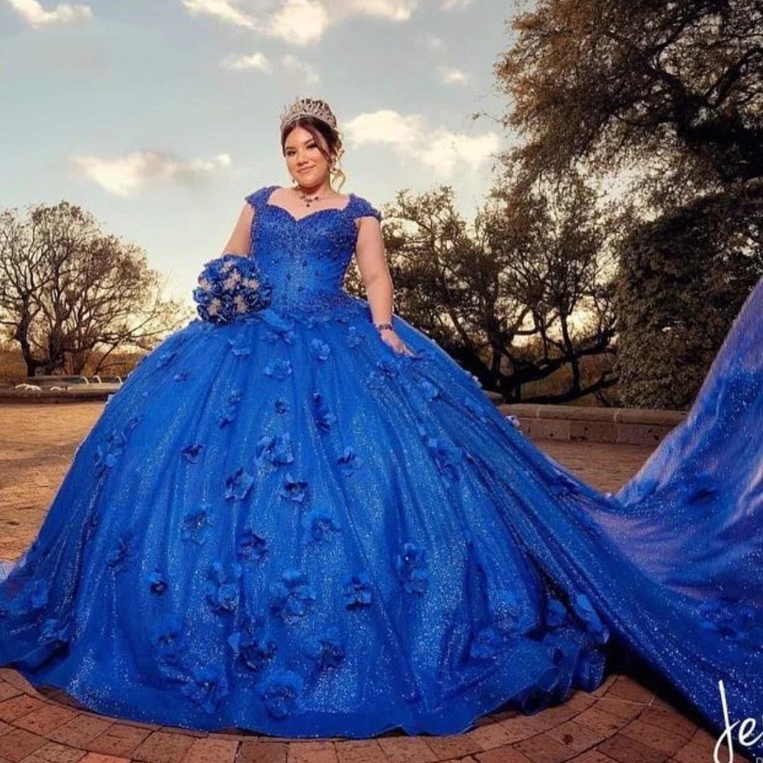 Angelsbridep abito da ballo glamour con spalle scoperte abiti Quinceanera 3D Flora Royal Blue Cape Prom Party Dress Vestidos De Festa