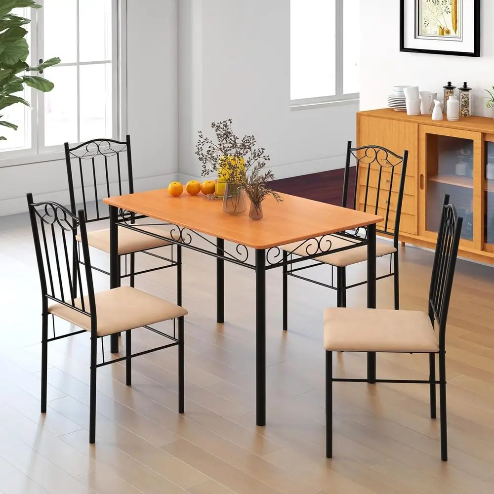 Ensemble de table à manger 4 places avec base en métal et chaises rembourrées, noir et jaune, meubles de cuisine peu encombrants