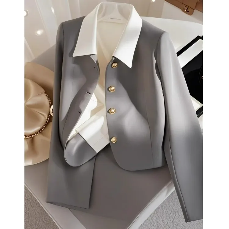 Fashionable Short Grey Suit Jacket for Women Unique Stylish Spring Autumn New Arrival Small Size Friendly Polyester Fiber