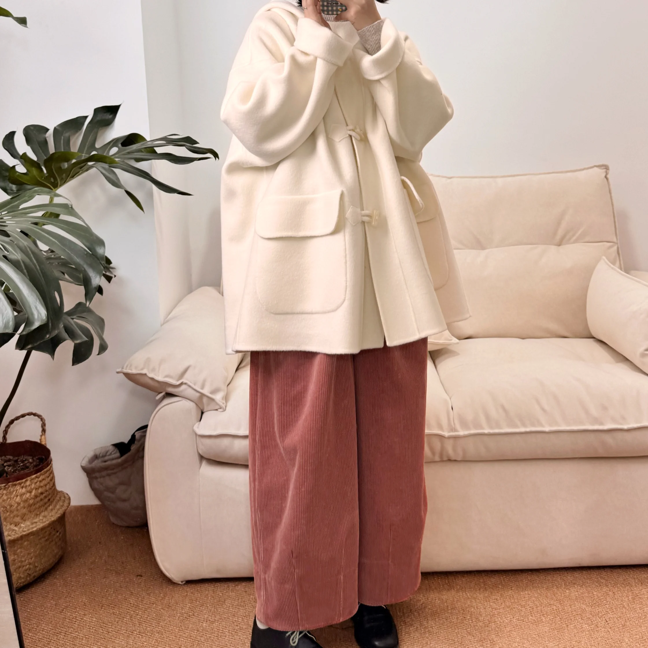 

Double-Color Woolen Coat with Hood for Women by Lililai Commute Sle Straight Tube Long Sve Winter Faion Outerwear