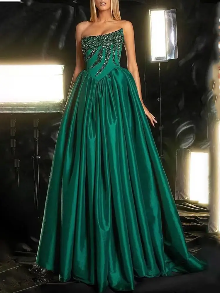 A Line Dark Green Beaded Strapless Evening Dress Crystals Rhinestones Corset Draped for Women Vestidos de Fiesta Custom Made