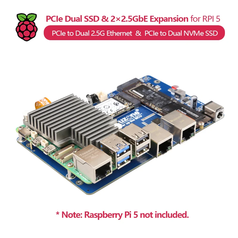 TopElec (Model: MPSD2.5GD) Raspberry Pi 5 PCIe to Dual SSD and Dual 2.5G Ethernet Expansion Board, BOOTS without driver required