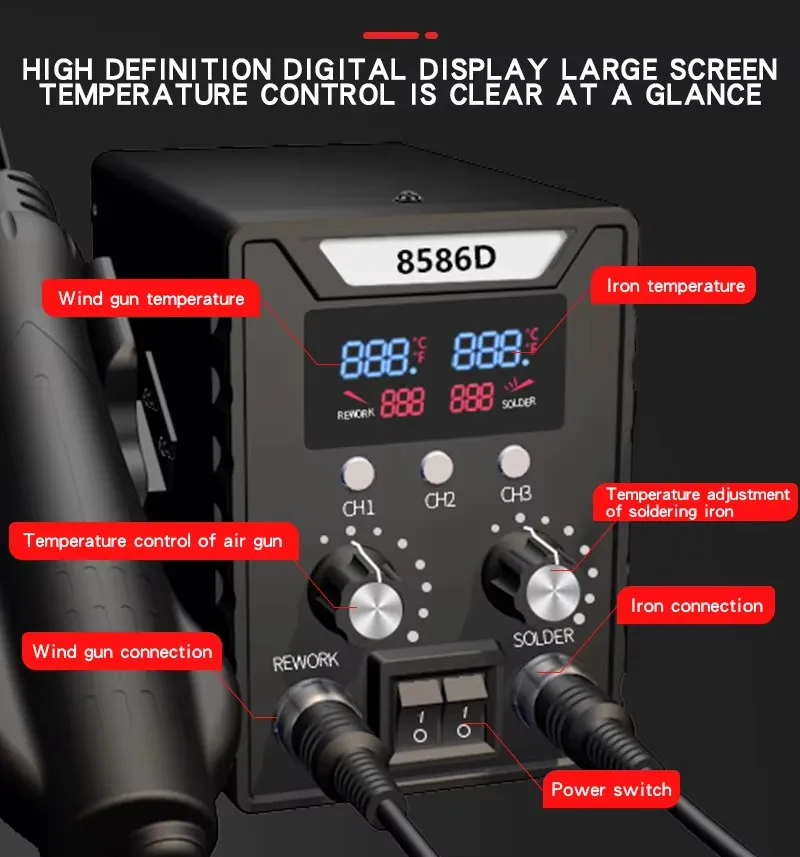 Rework 8586 2-in-1 Multi-Function Soldering Station with Soldering Iron and Hot Air gu n, Adjustable Temperature and Airflow