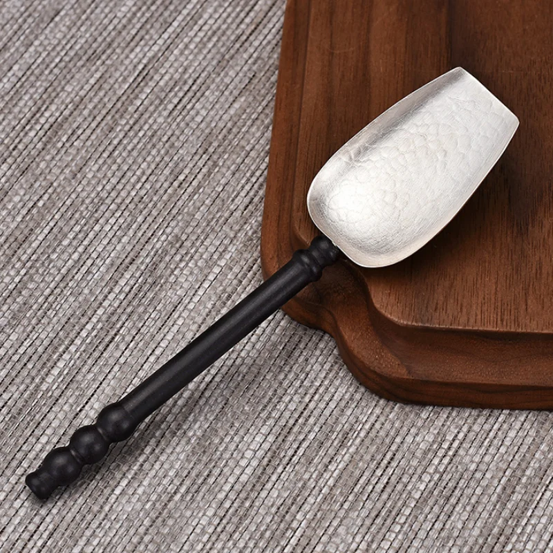 Silver 999 Sandalwood Handle Teaspoon Tea Shovel Spoon, Healthy Disinfect Household Kungfu Tea Ceremony Accessories