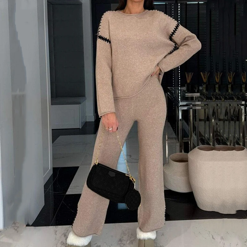 Casual O Neck Long Sleeved Sweater and Pants Sets Autumn Winter Color Blocked Knitted Suit Vintage Solid Color Homewear Outfits