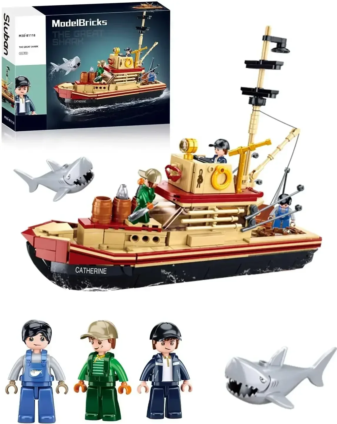 592PCS Great White Shark Fishing Ship Boat Building Block Set With Mini Figures Desktop Ornaments Kids DIY Toys Birthday Gifts