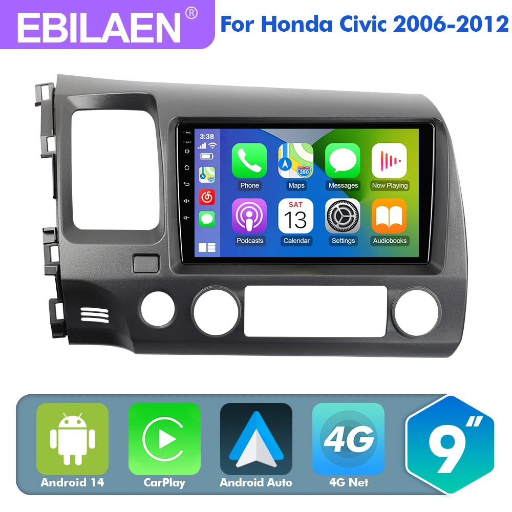 

EBILAEN 9 "Android 14 Car Radio Honda Civic 8th 2006-2012 Multimedia Player Carplay Android Auto 2 Din auto radio voice control