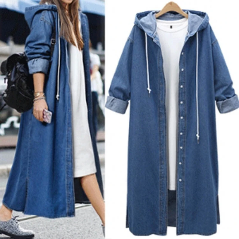 

Women Coat Long Cardigan Hooded Denim Trench Coat Solid Single-Breasted Soft Loose Ankle Length Lace-Up Jacket Abrigo Mujer New