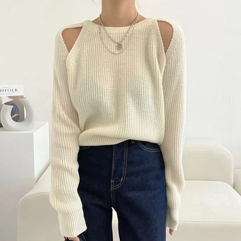 Maglieria da donna chic autunno inverno Morbido rotondo Ne Hollow out Design Long Sve Maglione ampio da pendolarismo Sle Colore puro