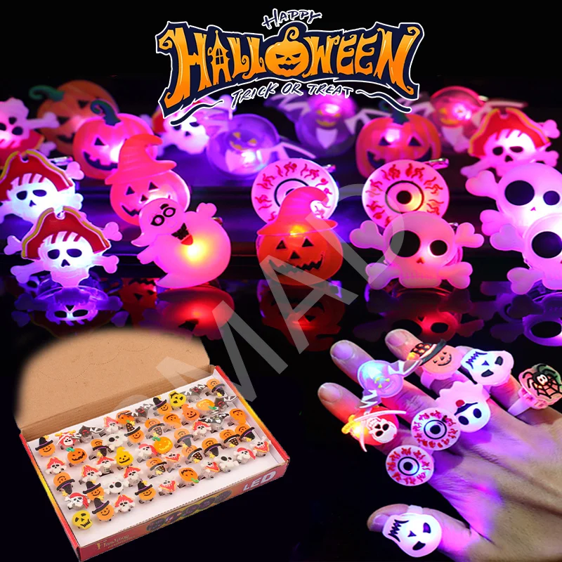 50PCS Children Halloween Luminous Rings Creative Cute Pumpkin Ghost Eye Rings Halloween DIY Decorations  LED Flash Finger Ring