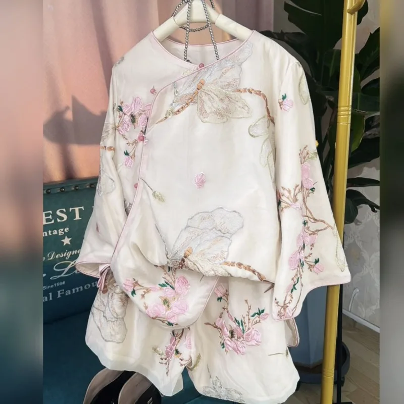 

Chinese Style Two Piece Sets Womens Outifits Summer Thin Pink Embroidered Slanted Collar Button Tops and Casual Shorts