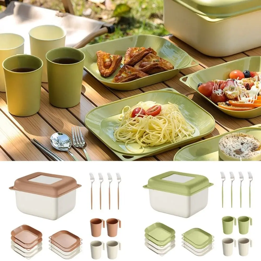 16Pcs Lightweight Plastic Dinnerware Sets Reusable Unbreakable Outdoor Cutlery Set BPA Free Portable Picnic Dishes Set Camping