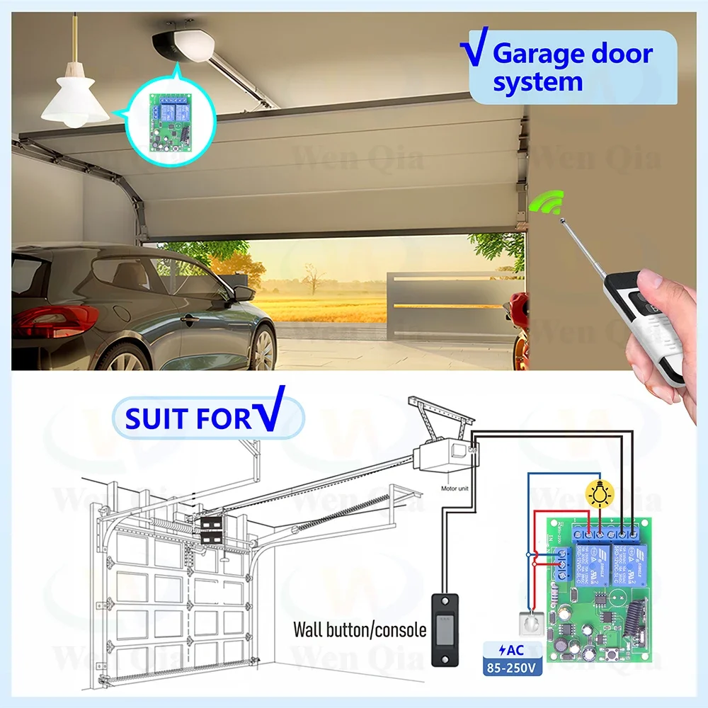 433MHz Wireless Remote Control Switch 2-CH AC 110V 220V Relay Module and 1000m Transmitter for Light/Garage Gate System/Motor