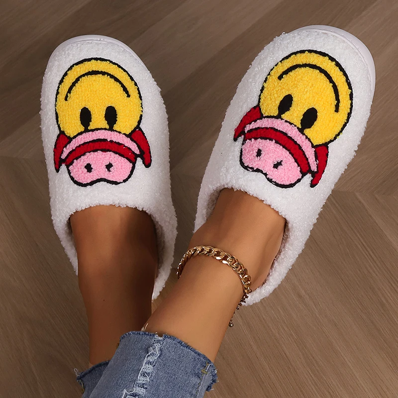 Couple Cowboy Smile Face Fur Slippers Women 2023, Winter Closed Toe Plush Cotton Slippers Woman Comfy Soft Bottom House Shoes