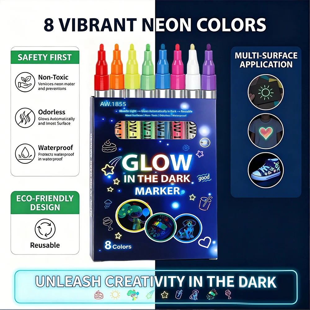 

8 Colors Glow In The Dark Marker Luminous Paint Pens Waterproof Non-toxic Graffiti Art Markers for Kids DIY Craft Night Drawing