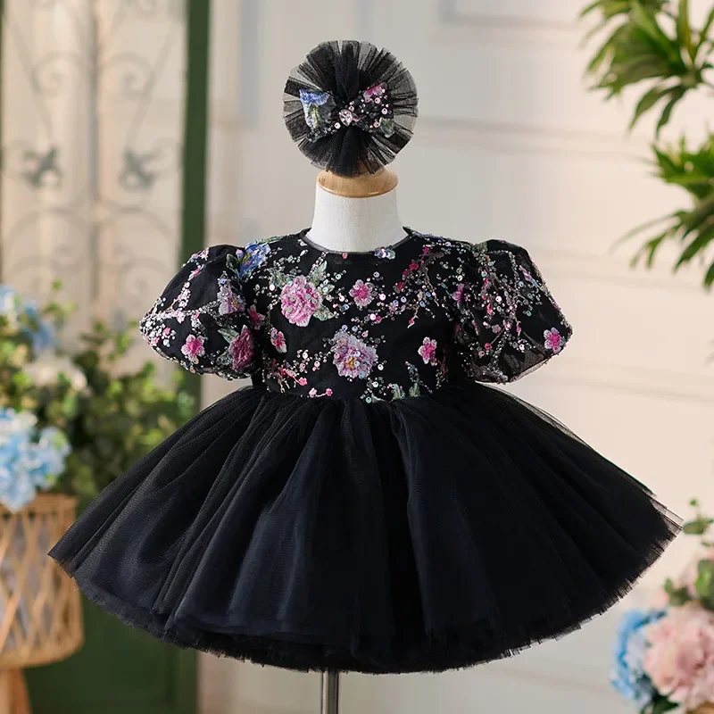 Black Elegant Sequin Vintage Flower Kids Girls Dress Bubble Sleeves Child Summer Princess Dresses One Year Old Baby Girl Frocks