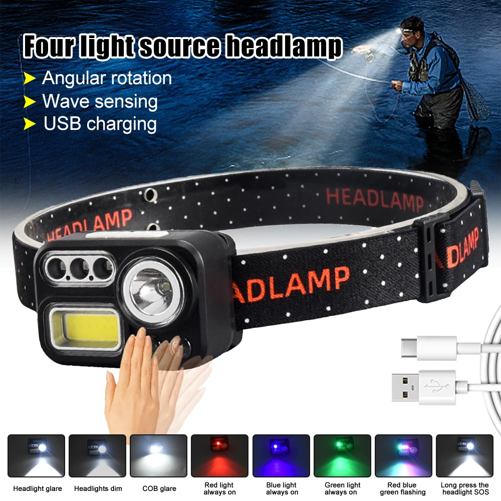 USB Induction Headlamp 4 Light LED Headlight 8 Modes Multi-color Mini Head Torch Built-in Battery Flashlight for Camping Fising