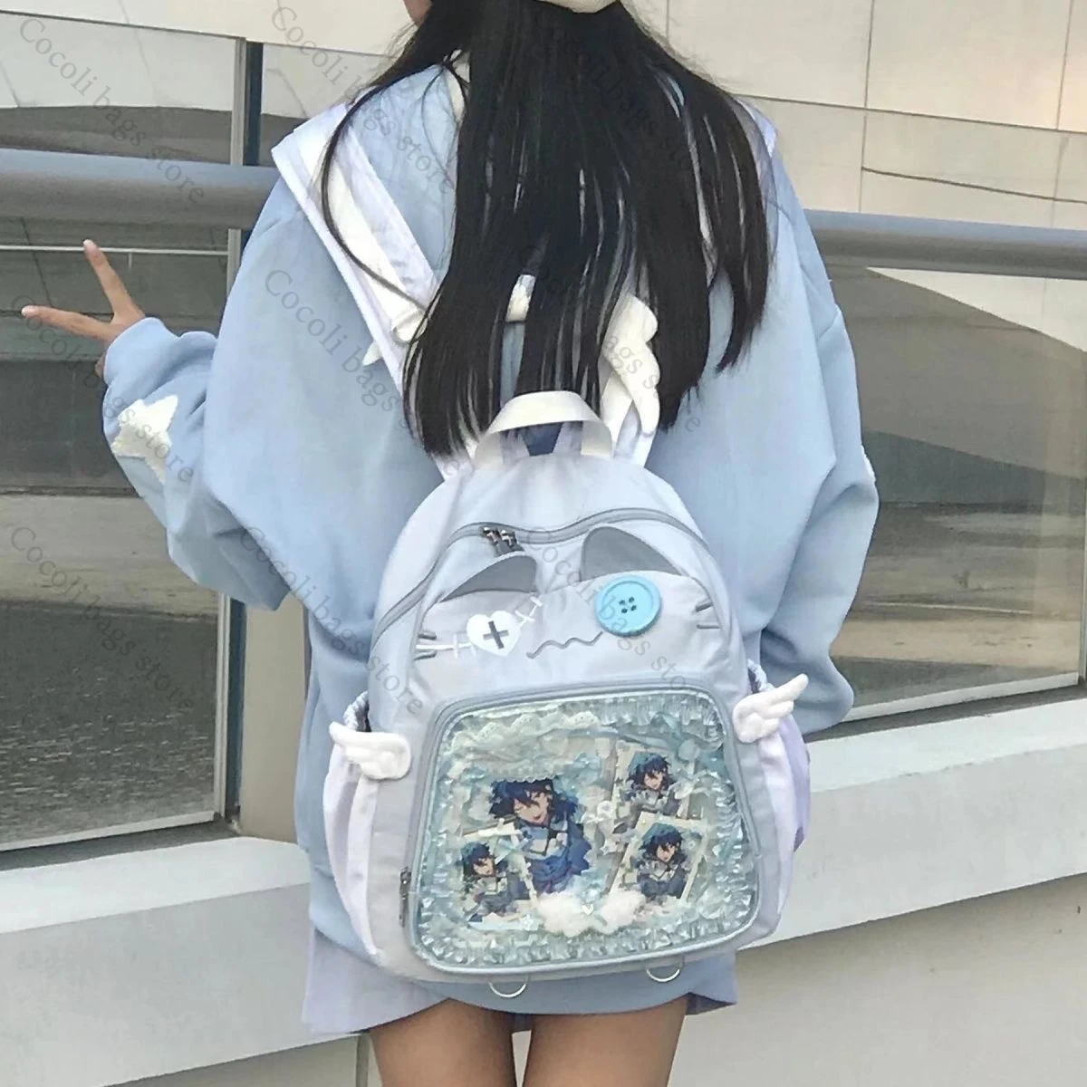 Cute Ita Backpack Women's Bags Transparent Pocket Cat Backpack Large Capacity Travel Backpack Nylon Girl's Ita Bag Backpack