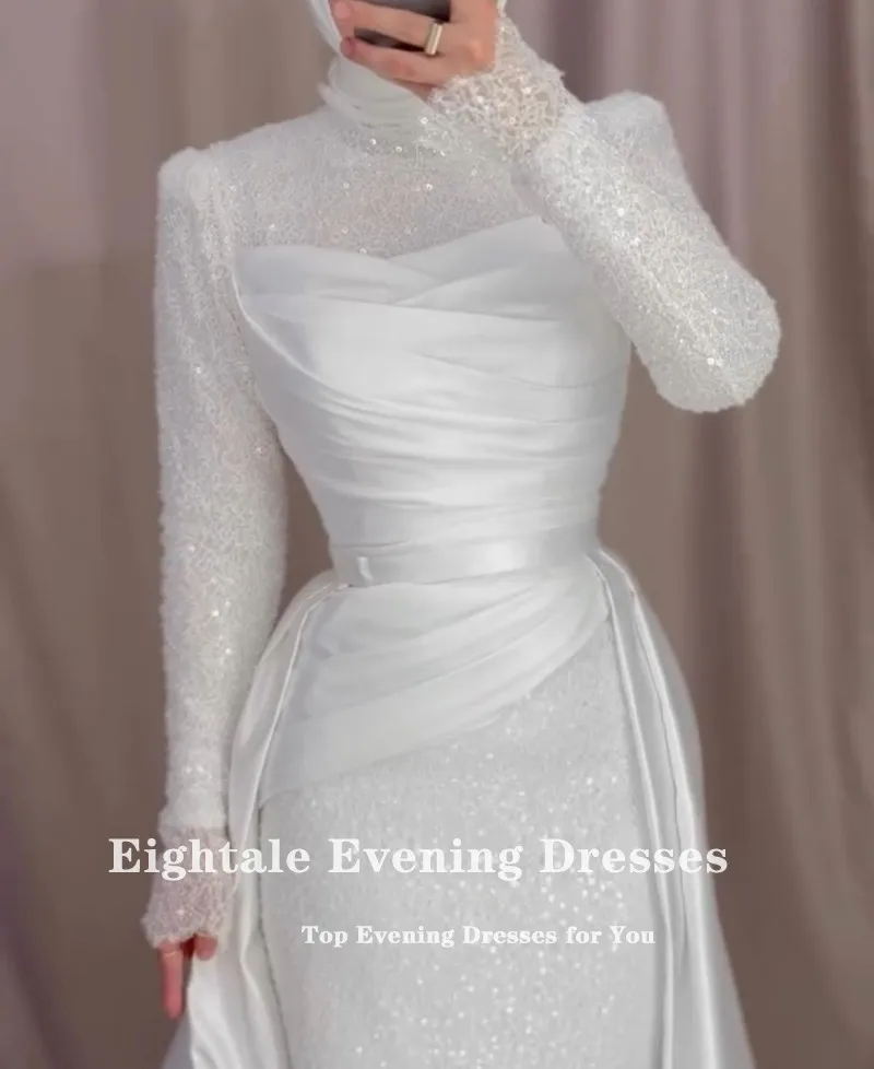 Robes de mariée arabes de quatre-quarts personnalisées paillettes manches longues sirène robe de mariée en Satin ivoire avec jupe détachable