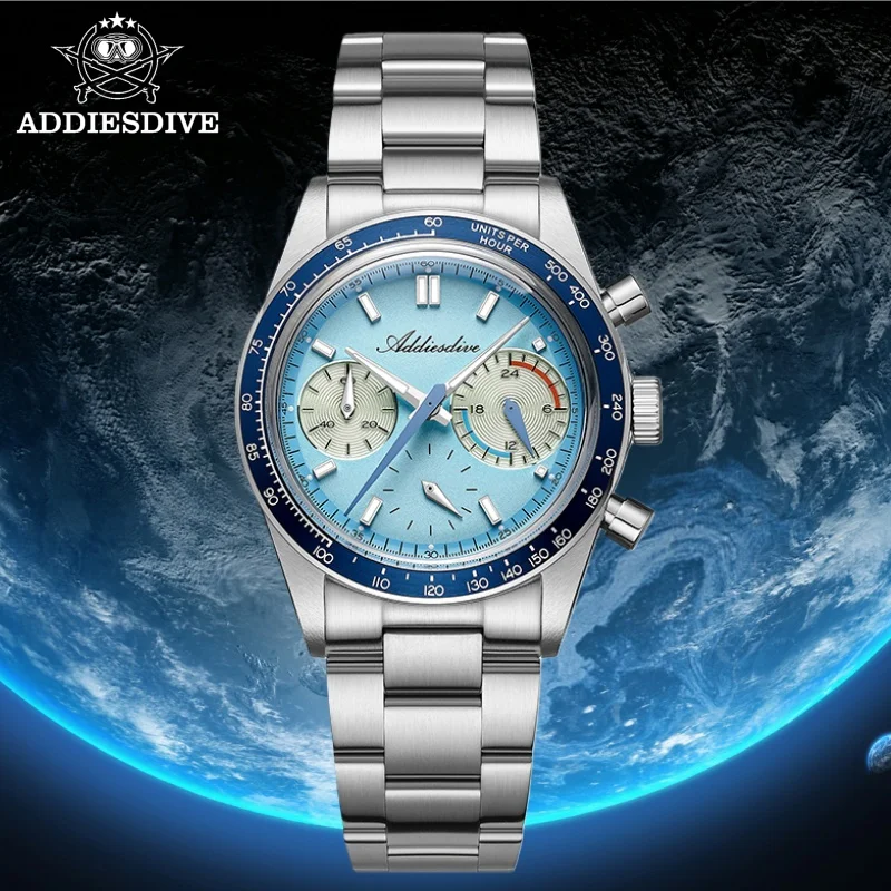 

Мужские часы ADDIESDIVE Chronograph, 37 мм, алюминиевое кольцо, AD2539, BGW9, синие светящиеся, 10 бар, дайверские, с изогнутым стеклом, кварцевые, стальные