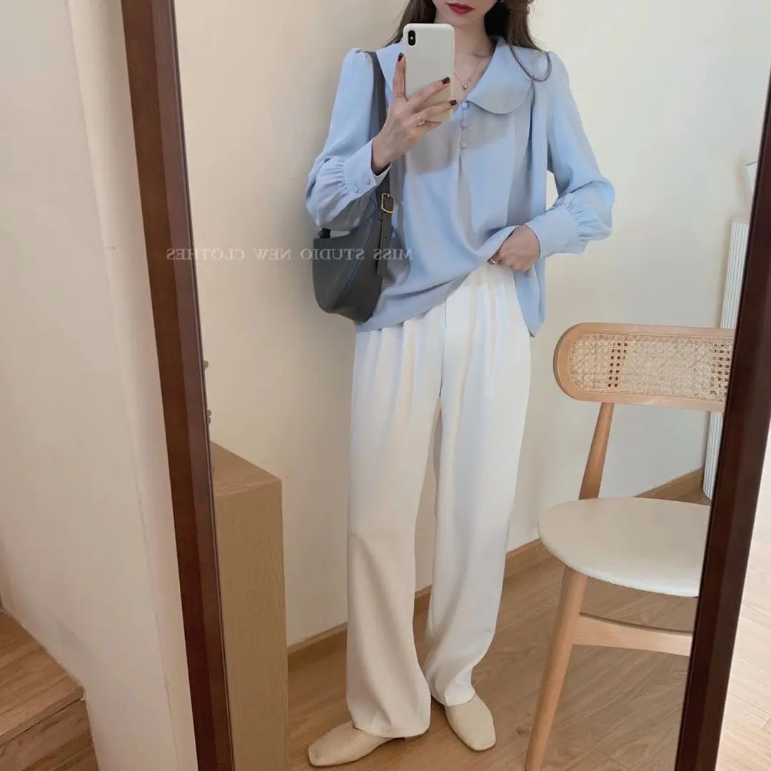 Spring Woman\'s Clothing Blue Shirt Niche Loose All-match Chiffon Sweet Doll Collar Long Sleeve Top Elegant Grace Temperament Ins