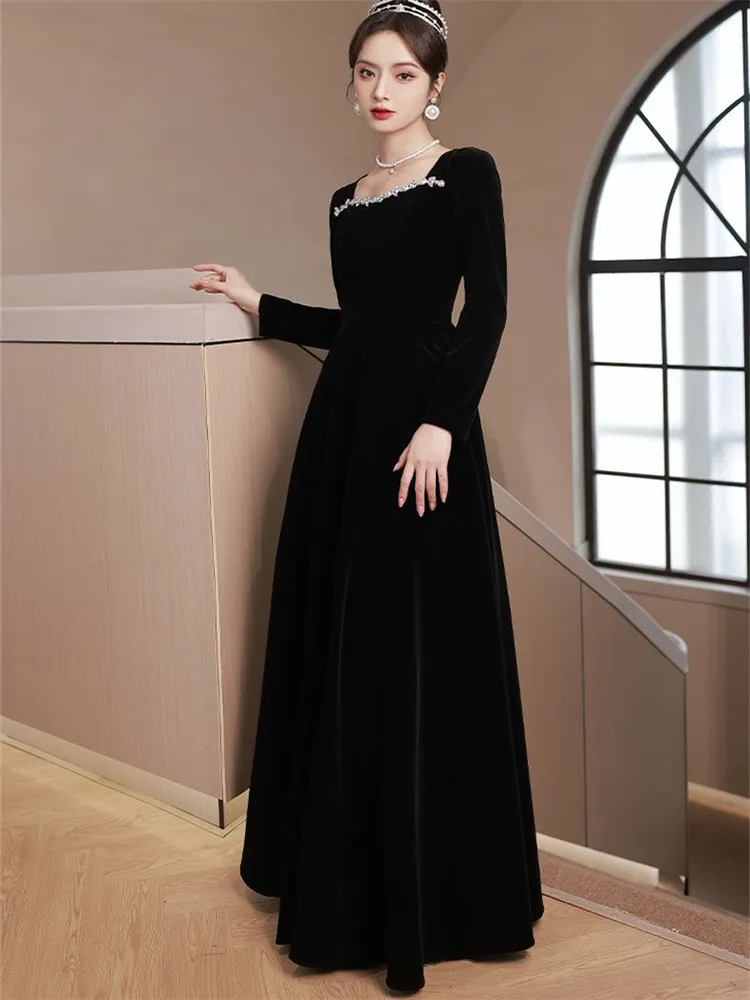 Black Dress Women Autumn Winter Solid Color Diamond Decorated Velvet Square Collar Long Sleeve A-line Skirt Female Clothing M101