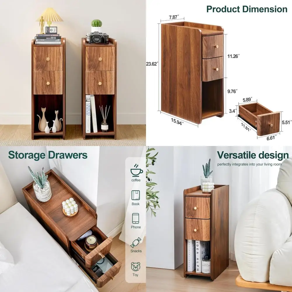 

Pair of Compact Wooden Nightstands with Two Drawers, Sleek Side Tables for Small Spaces, Mid-Century Modern Bedside Furniture