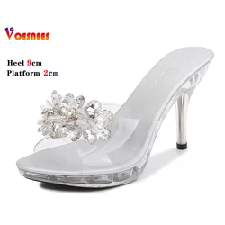 Shuzumiao New Crystal Slippers Shoes Women Fine High Heels Transparent Sandals Female Slippers Sexy  Outside Beaded Beach Shos