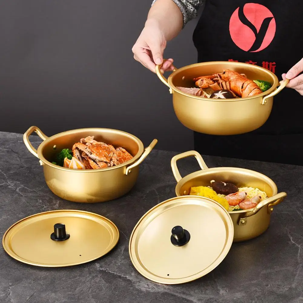 Instant Ramen Pot Korean Ramen Cooking Pot Gold Aluminum Noodle Heating Cookware with Lid Handles Kitchen Hot Fast Pot Allo O8A2