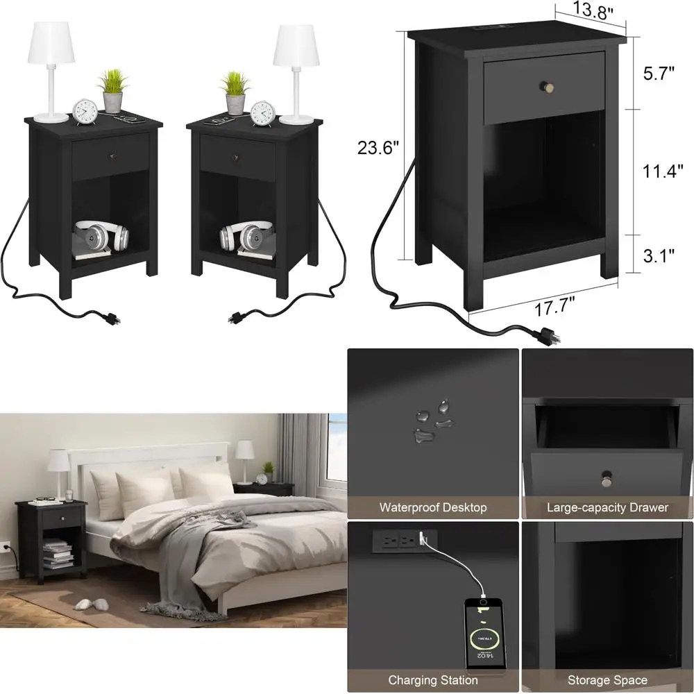 Pair of Wooden Nightstands with Charging Station, Drawer, and Storage for Bedside