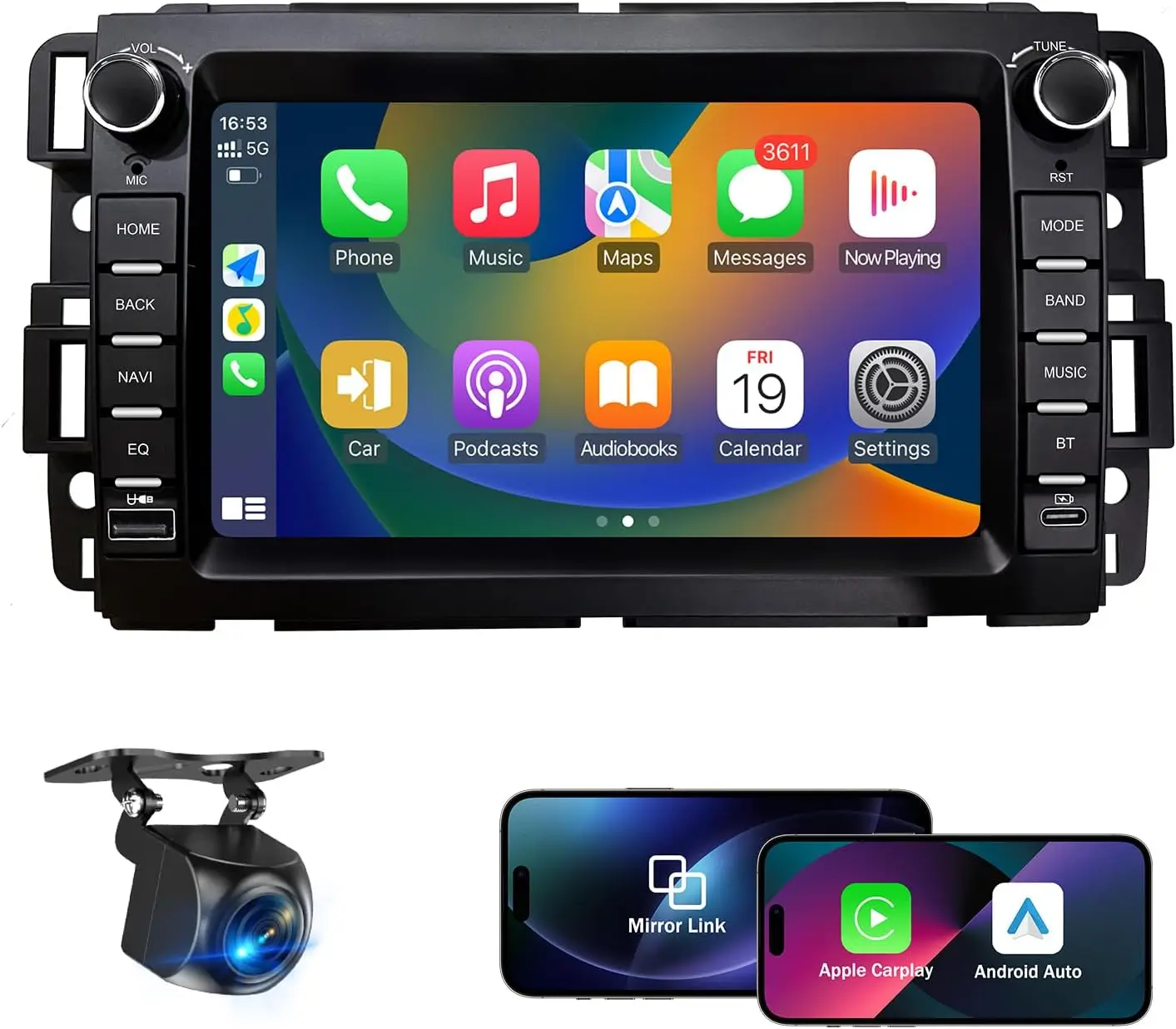 Car Stereo for Chevy Silverado Tahoe GMC Sierra Yukon 2007-2013 with Wireless CarPlay Android Auto Type-C PD Charging (4G+64G)