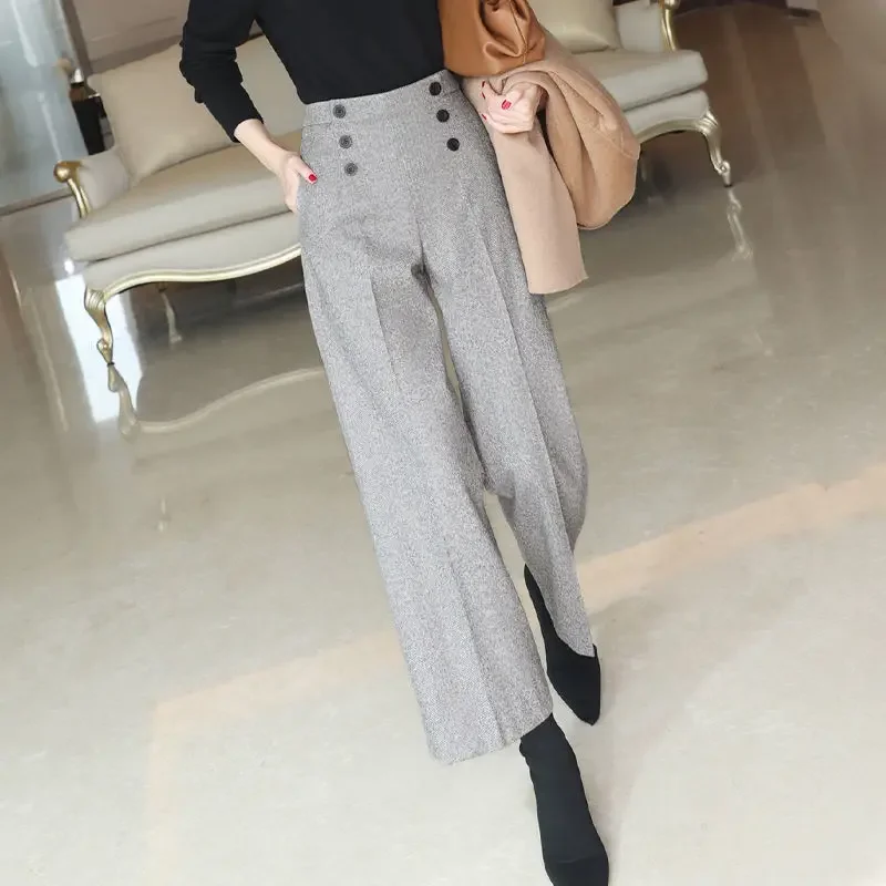 

2023 New Woolen Pants Women's Herringbone Pattern Loose Wide-Leg Pants High Waist Slimming Thick Trousers Korean Casual Pants