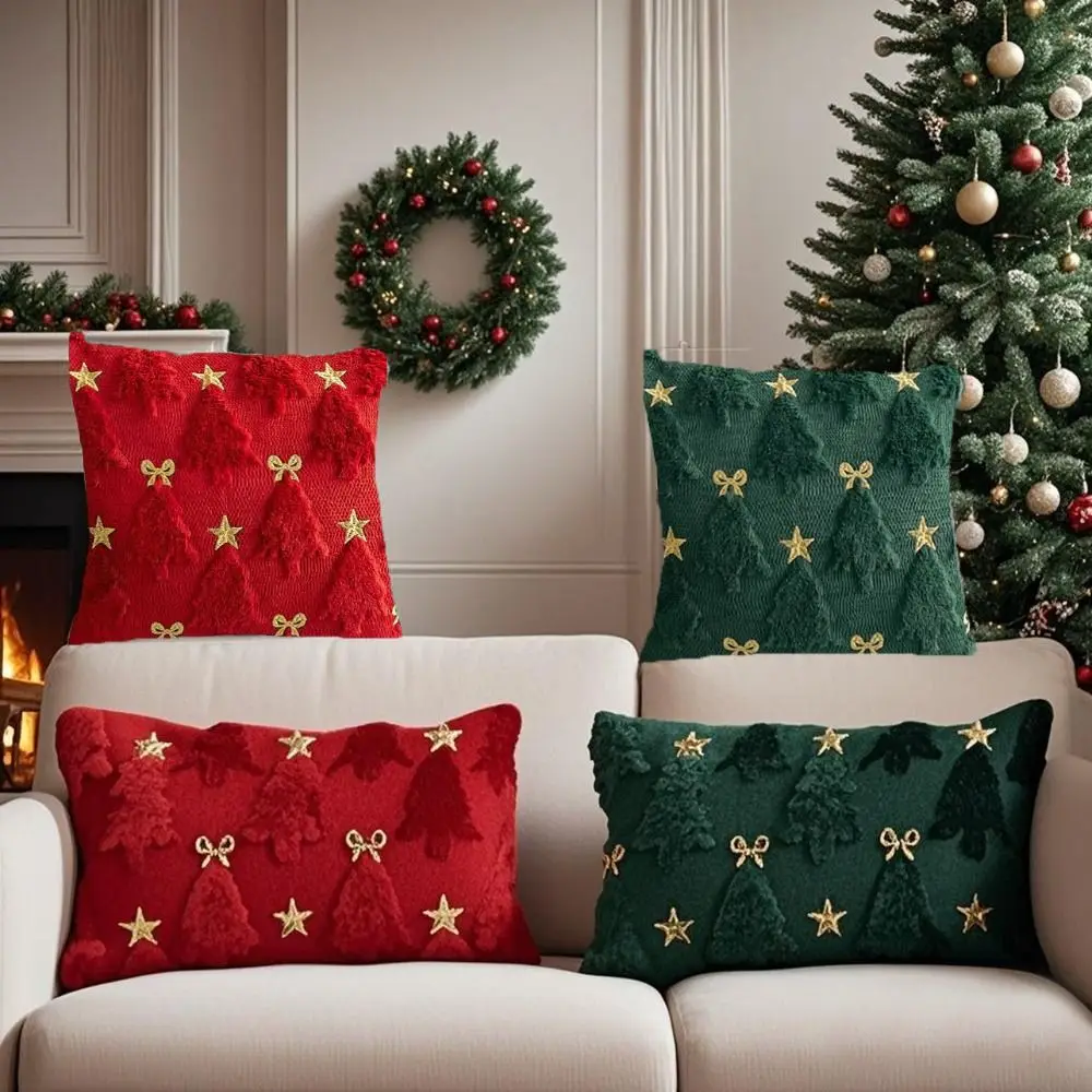 1PC Short Christmas Pillow Cover Bowknot Five-pointed Star Comfortable Xmas Tree Pillowcase Embroidered Soft Throw Pillow Cover