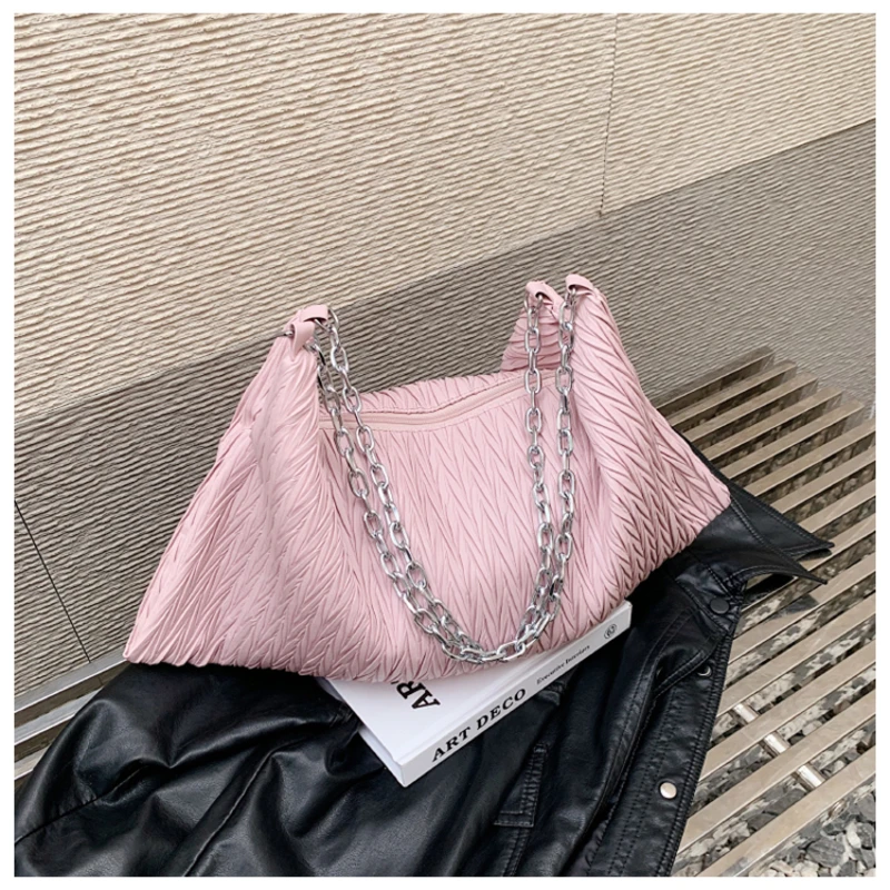 Casual Soild Ruched Shoulder Bags PU Zipper Large Capacity Bags for Women 2024 Fashion Brand Tote Hot Sale Bolsas De Hombro