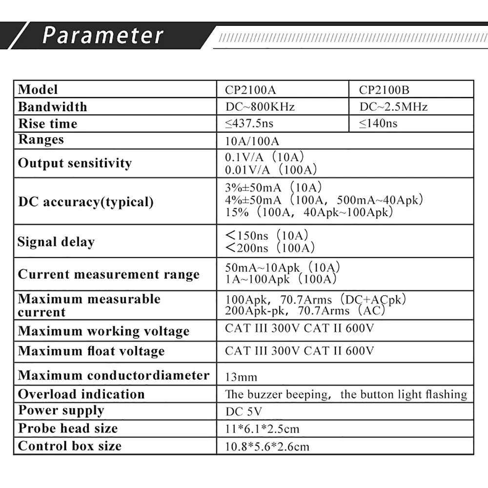 Digital Oscilloscope AC/DC Current Probes 2.5MHz 10A/100A Maximum Measurable Current 100Apk 70.7Arms (DC+ACpk) CP2100B