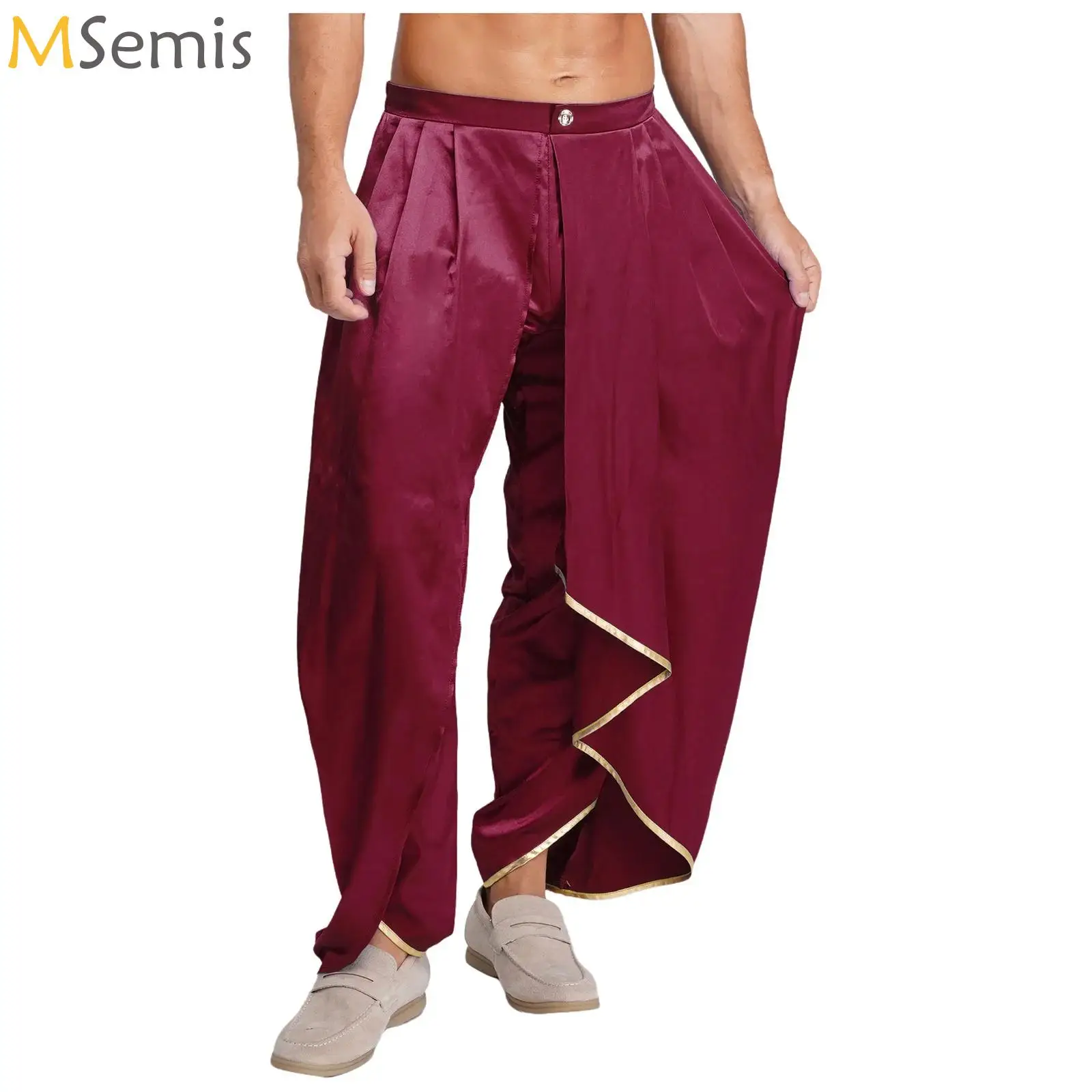 

Men Festive Baggy Bloomers Arabian Prince Cosplay Costume Halloween Carnival Party Trousers Adult Pleated Drapes Dhoti Pants