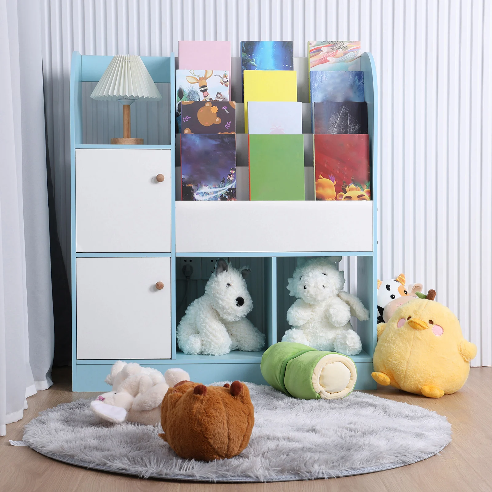 Multifunctional Bookcase with 4-Tiers Book Slots, 3 Open Shelves and 2 Drawers, Bookcase Display Stand, Toy Stor