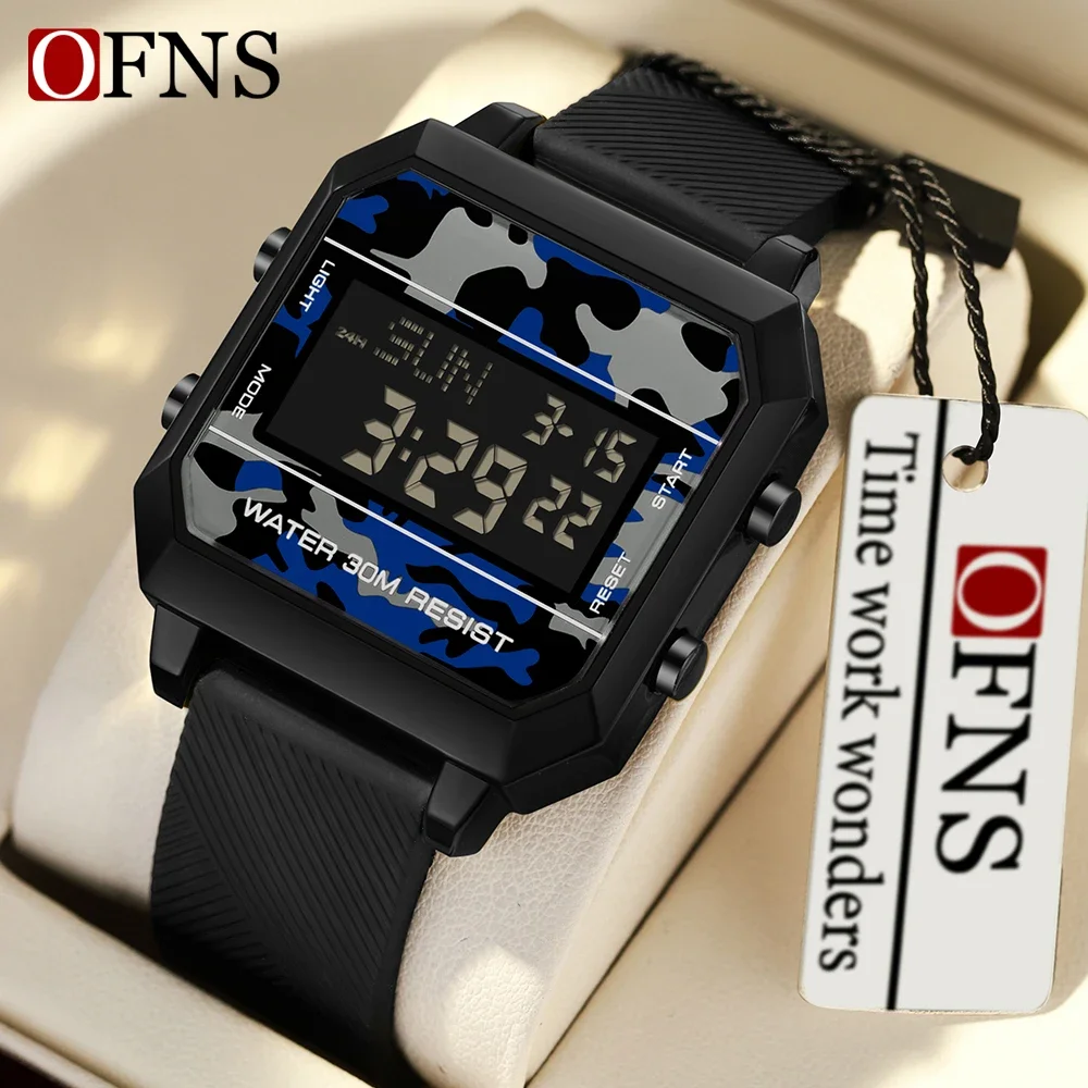 Ofns 6161นาฬิกาผู้ชายดิจิตอลอิเล็กทรอนิกส์ใหม่, นาฬิกาทหารสปอร์ตไฟ LED สุดหรูกันน้ำ2024