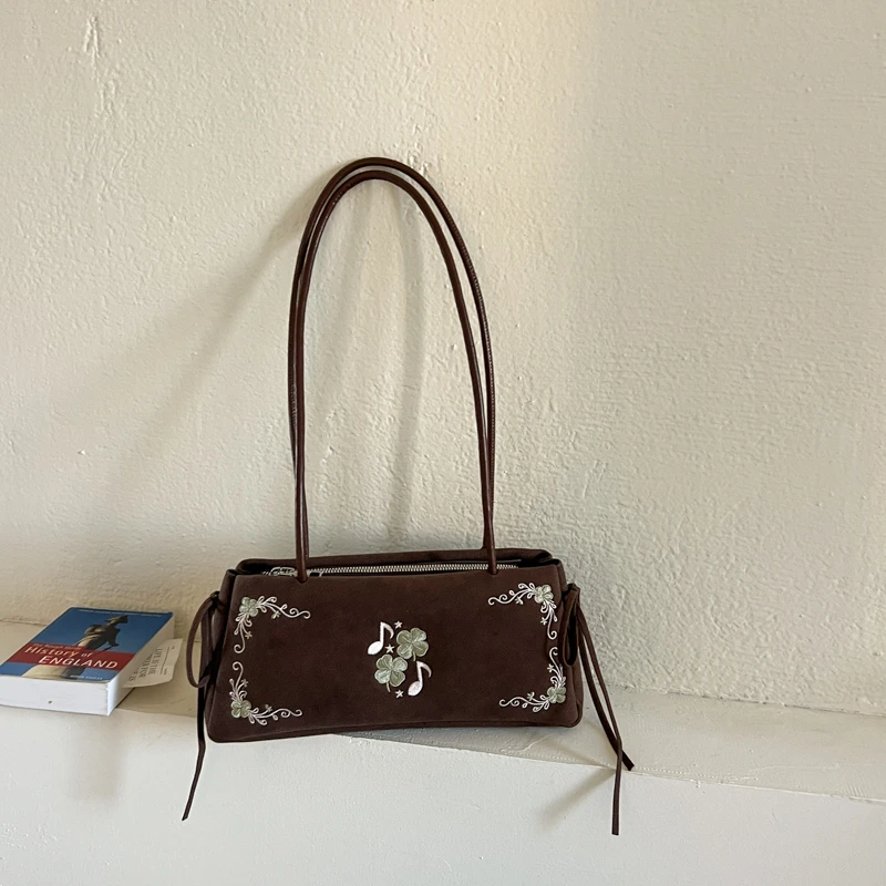 2026 New Vintage Clover Music Note Embroidery Shoulder Bag Ladies Faux Suede Long Strap Underarm Sweet Retro Fashion Handbag