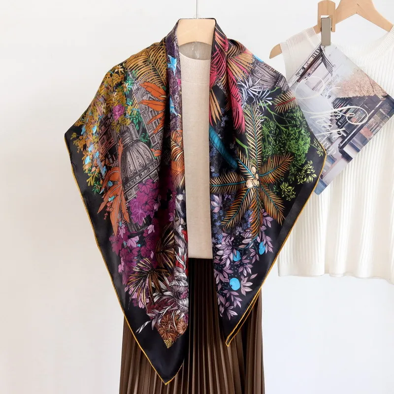 High-end Elegant Women Exquisite Sintra Garden Print Quality Plain Satin Silk Hand-rolled Edge Large Square Scarf Shawl