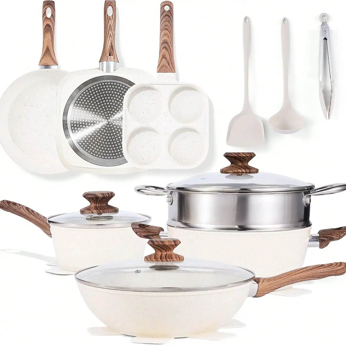 Sweetcrispy 17 Pcs Pots And Pans, Kitchen Cooking Set With Stay-Cool Handles,Kitchen Induction Cookware Suit With Detachable Handle, Beige